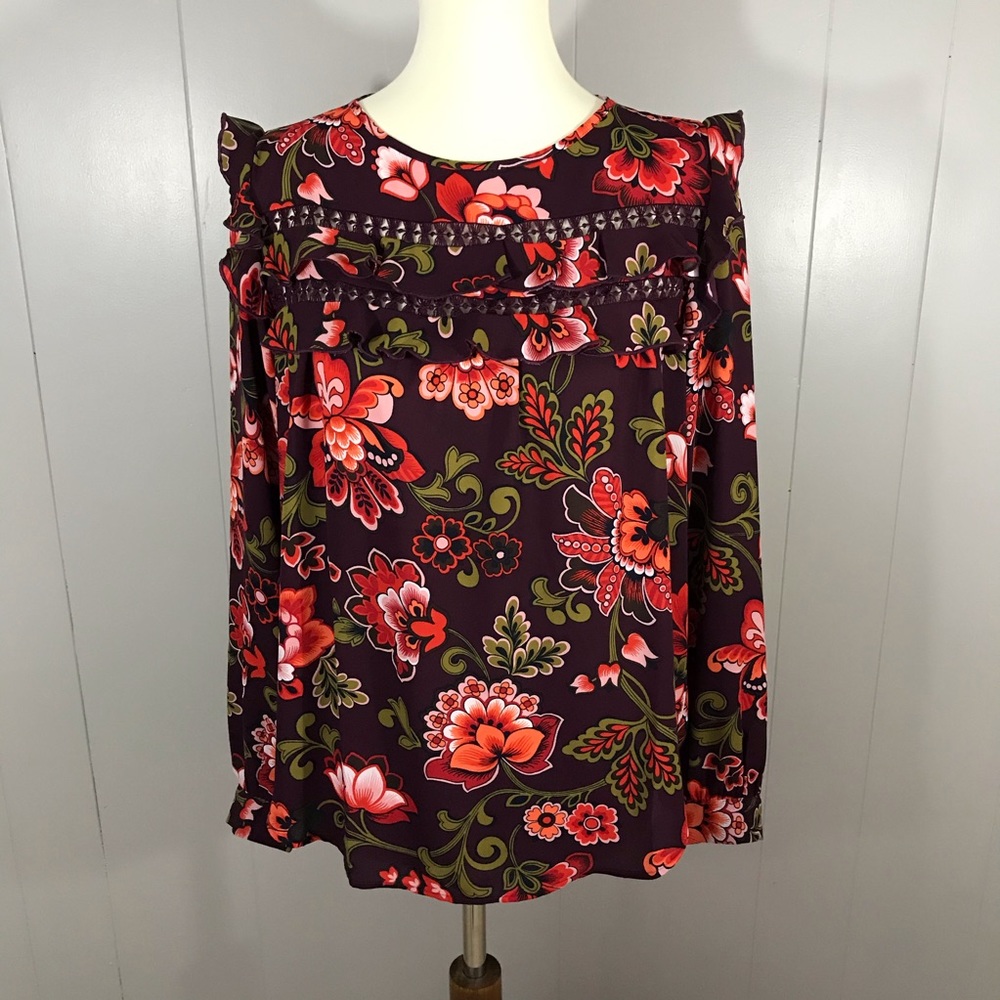 LOFT burgundy floral paisley ruffle blouse